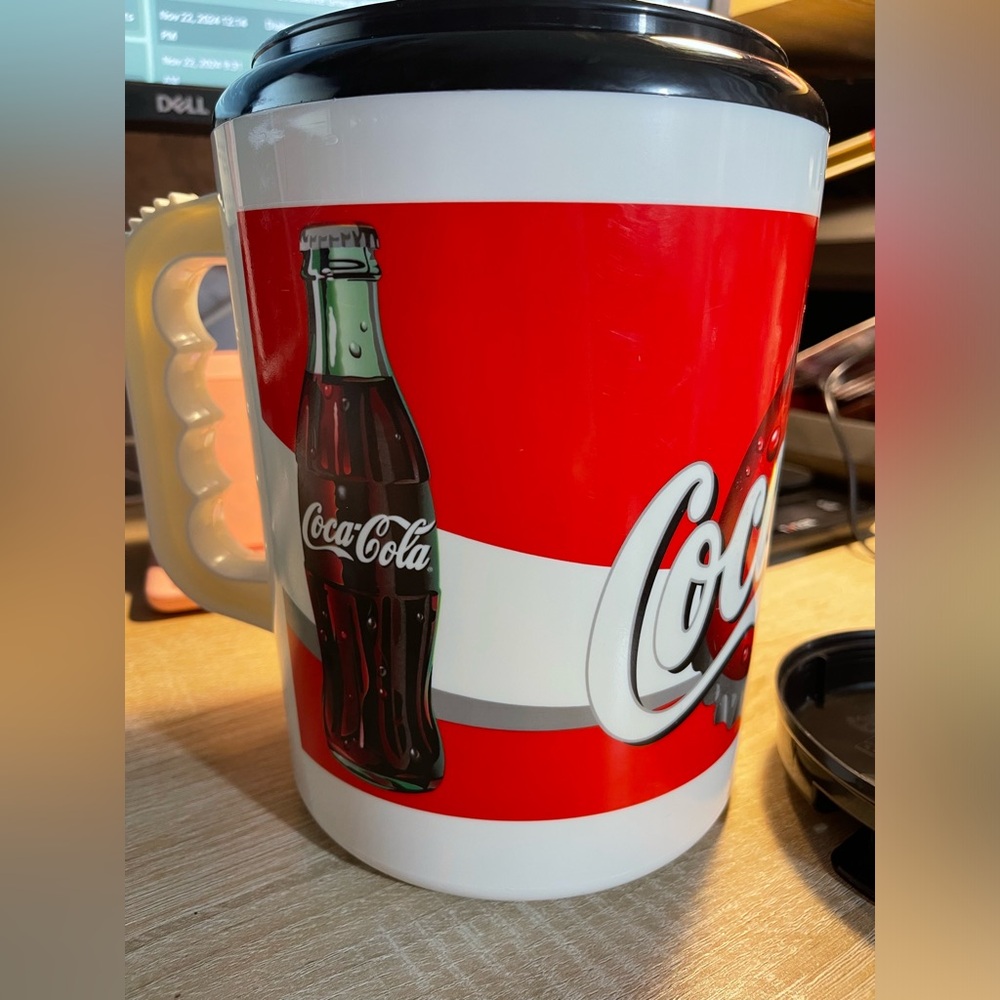 Vintage Coca Cola Travel Mug 52.oz. white and red with black lid